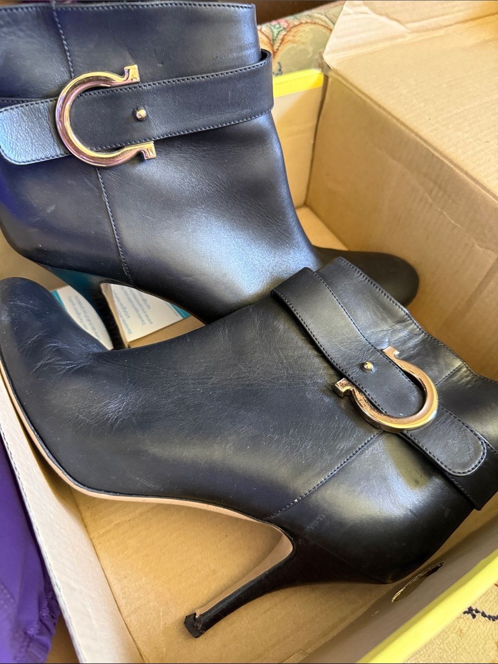 Salvatore Ferragamo Black Leather Heeled Ankle Boots with Gold Hardware